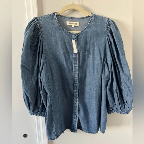 NWT Madewell Denim Puff-Sleeve Button-Up Top in Kennebec Wash - Picture 7 of 11